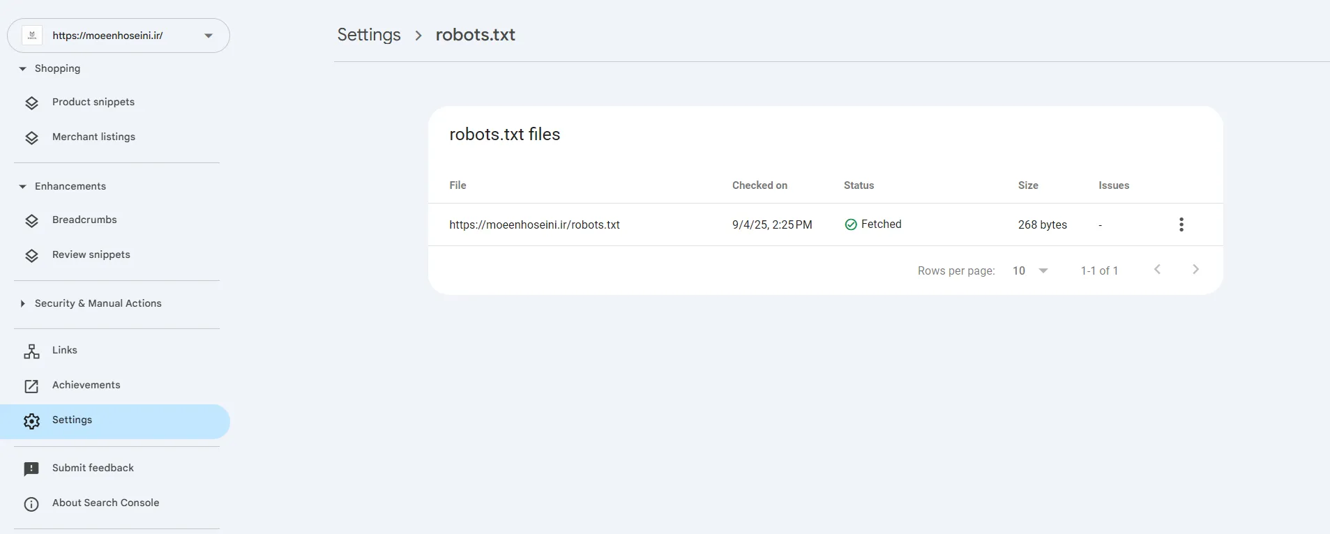 تست فایل روبوت در سرچ کنسول